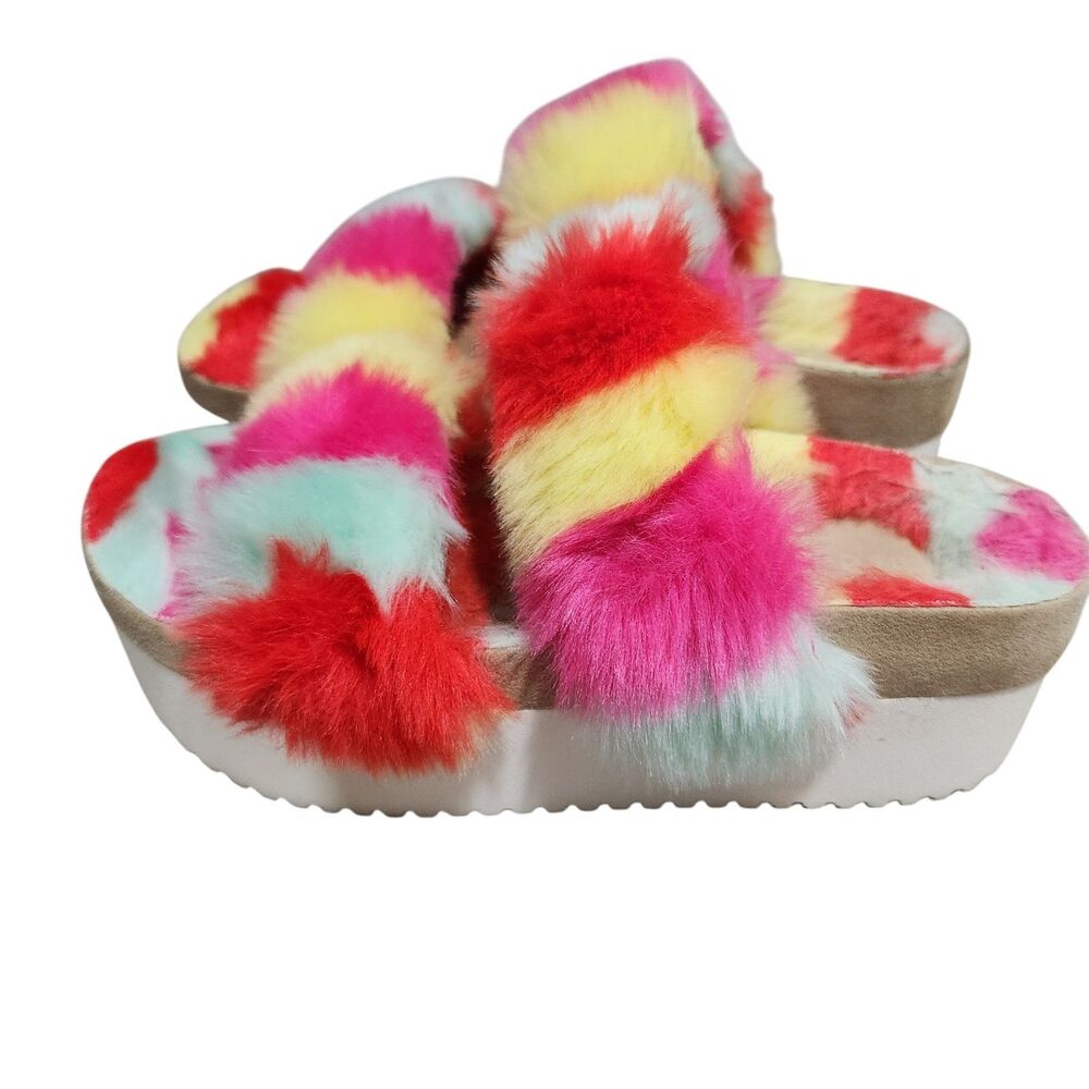 Women’s Faux Fur Slide Sandals Multicolor Rainbow Plush Slippers Size 6